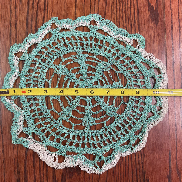 Vintage Hand Crochet Round Doily Off White Green and Gold Metallic