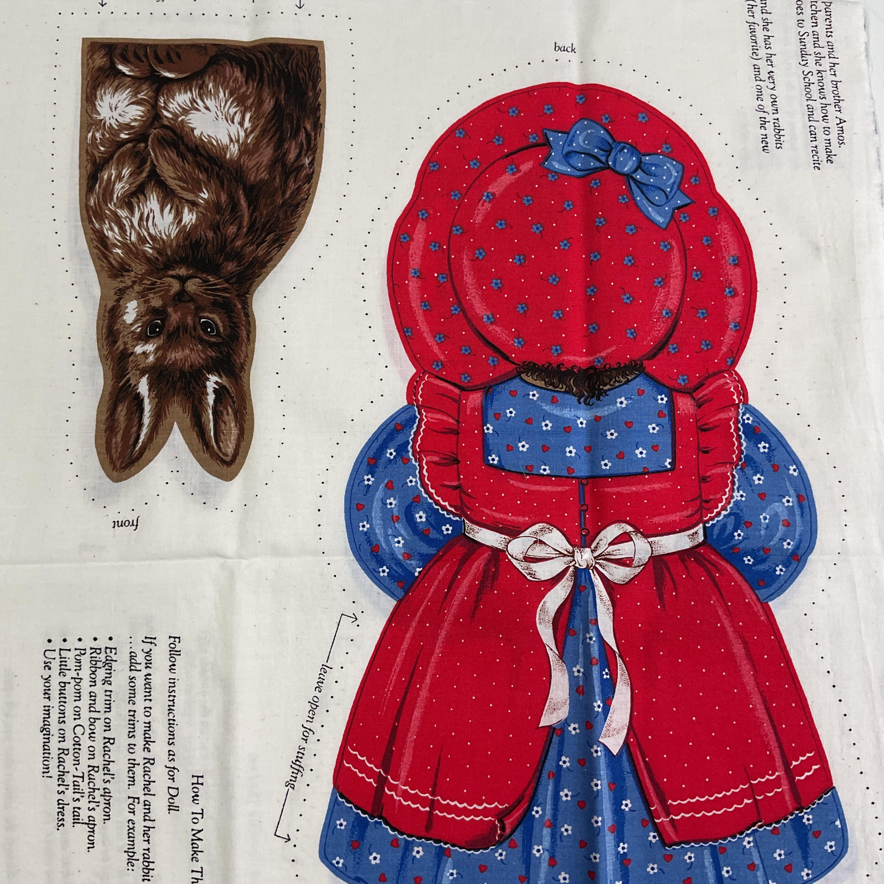 Vintage Fabric Panel Rachel and Cotton Tail Stuffed Dolls Stuff and Sew