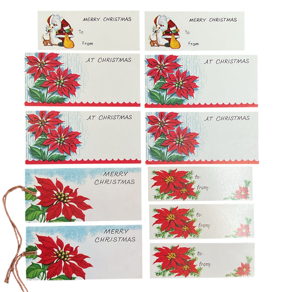 11 Vintage Christmas Gift Tags Red Poinsettias Santa and Rudolph