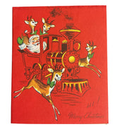 Vintage Christmas Card Santa Train Reindeer USED