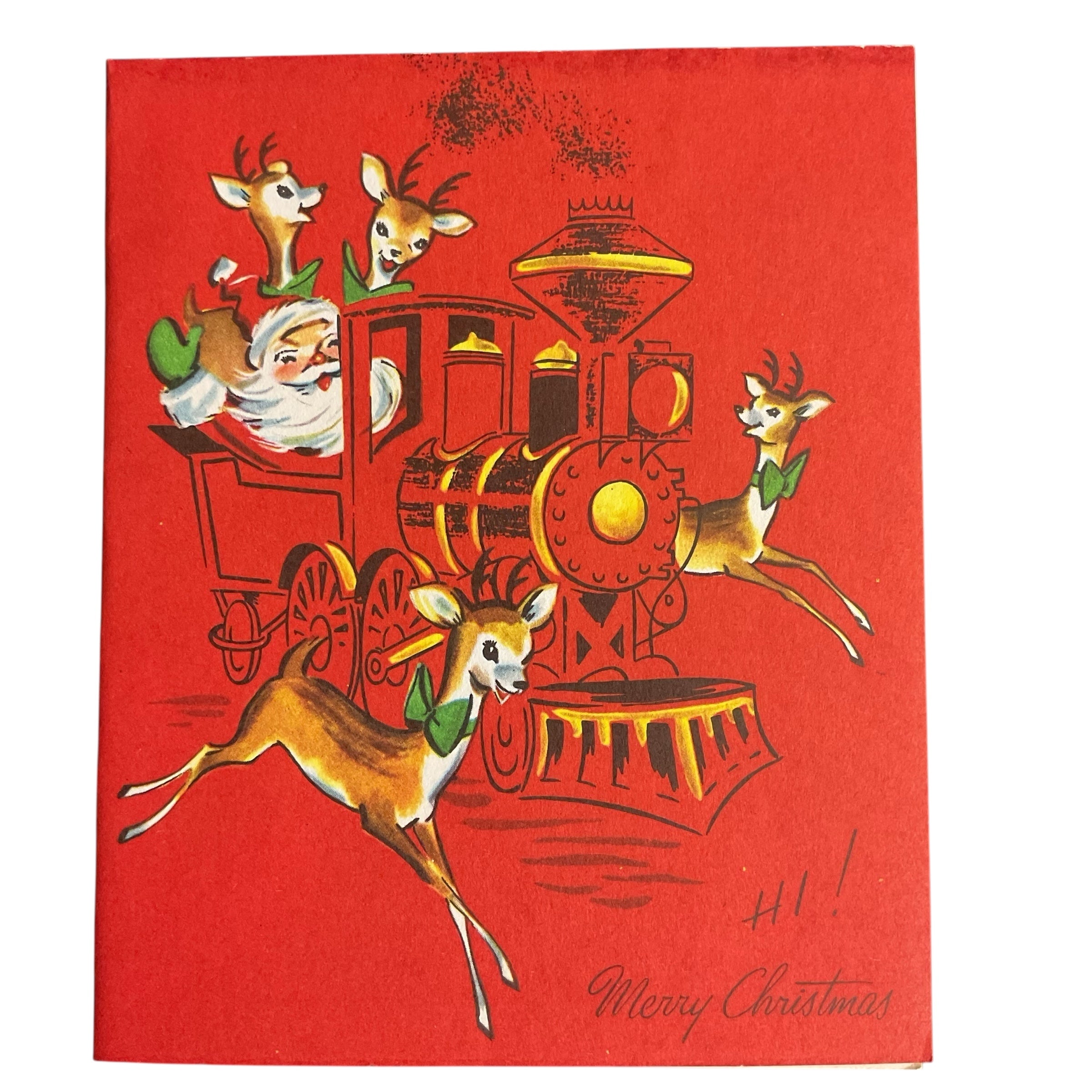 Vintage Christmas Card Santa Train Reindeer USED
