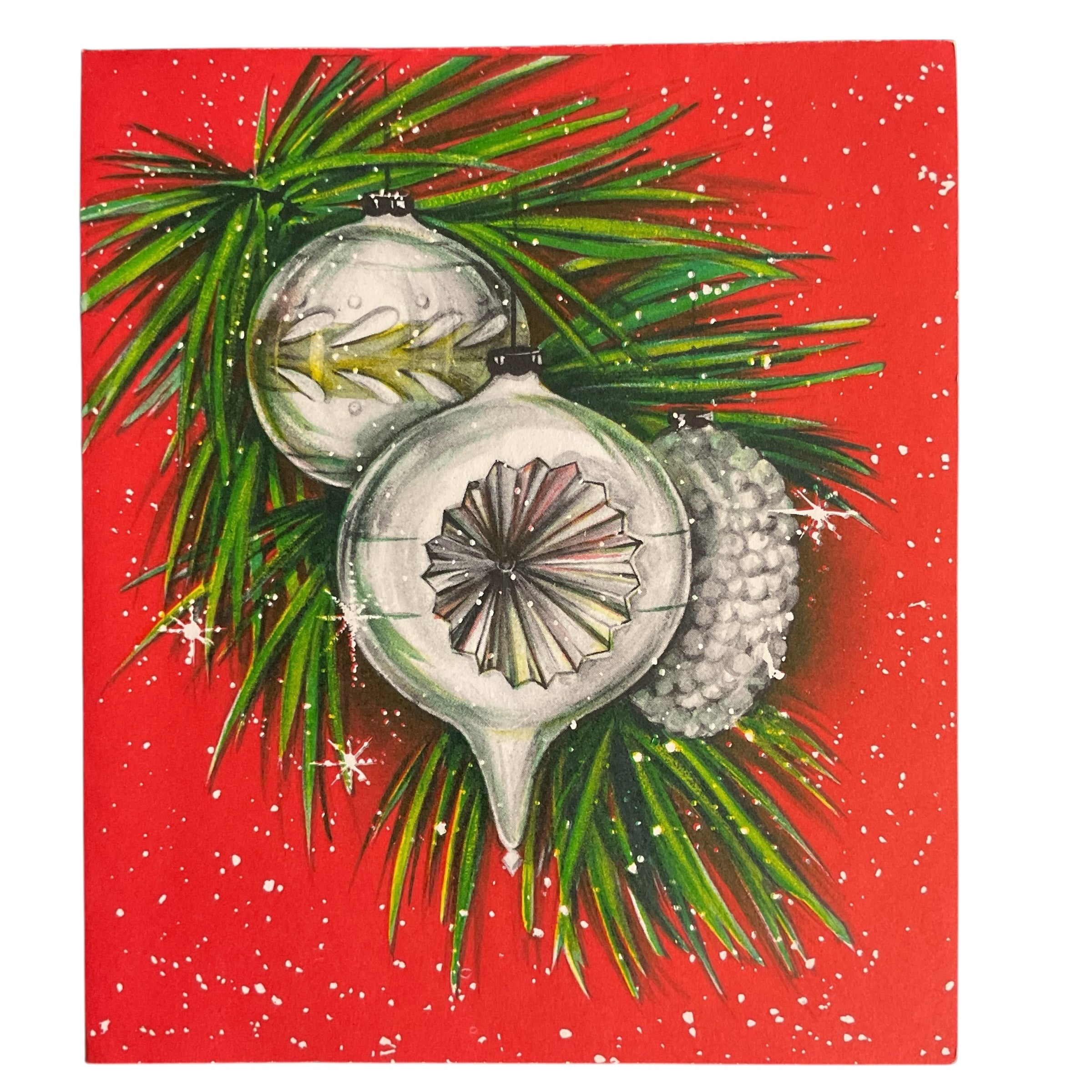 Vintage 1960s Hallmark Christmas Card Silver Indent Ornaments USED