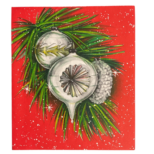Vintage 1960s Hallmark Christmas Card Silver Indent Ornaments USED
