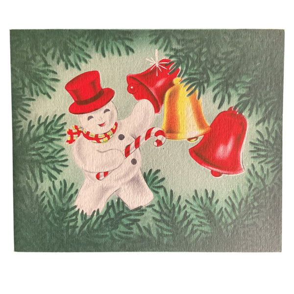 Vintage 1950s Norcross Christmas Card Snowman Candy Cane Bells USED