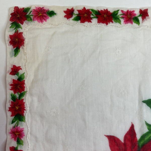 Vintage Christmas Hankie Red Pink Poinsettia Border Ladies Handkerchief