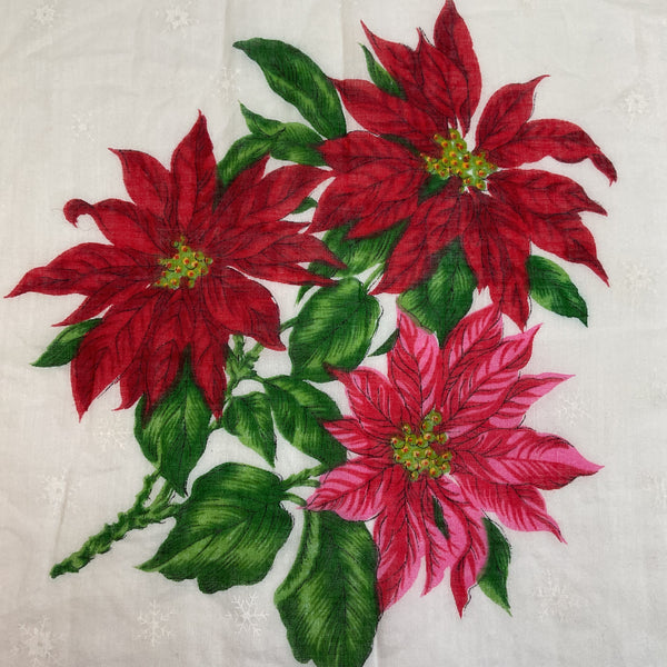 Vintage Christmas Hankie Red Pink Poinsettia Border Ladies Handkerchief