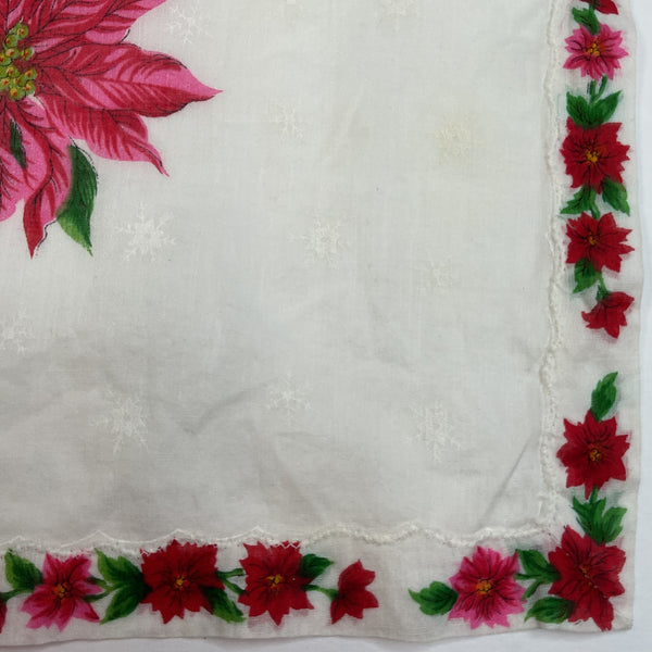 Vintage Christmas Hankie Red Pink Poinsettia Border Ladies Handkerchief