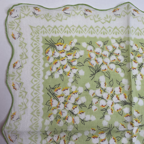 Vintage Lily of the Valley Green and Yellow Floral Scalloped Border Handkerchief