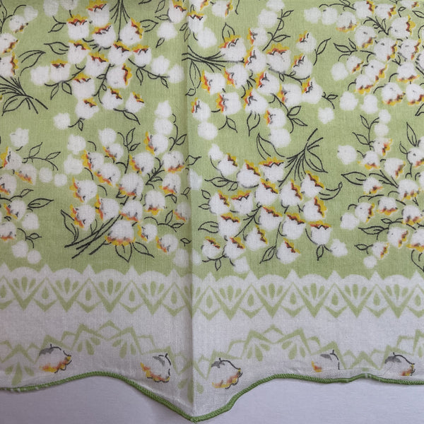 Vintage Lily of the Valley Green and Yellow Floral Scalloped Border Handkerchief