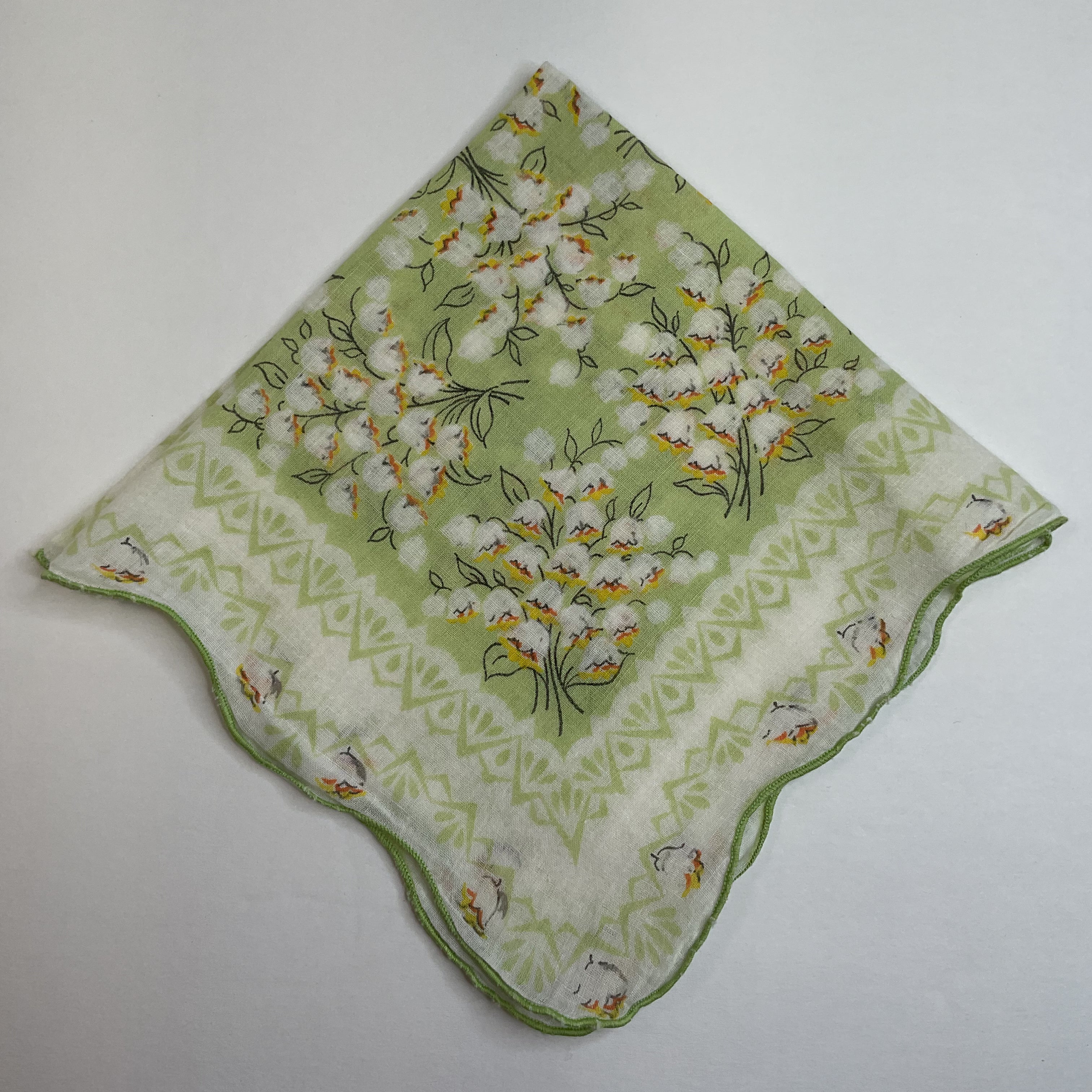 Vintage Lily of the Valley Green and Yellow Floral Scalloped Border Handkerchief