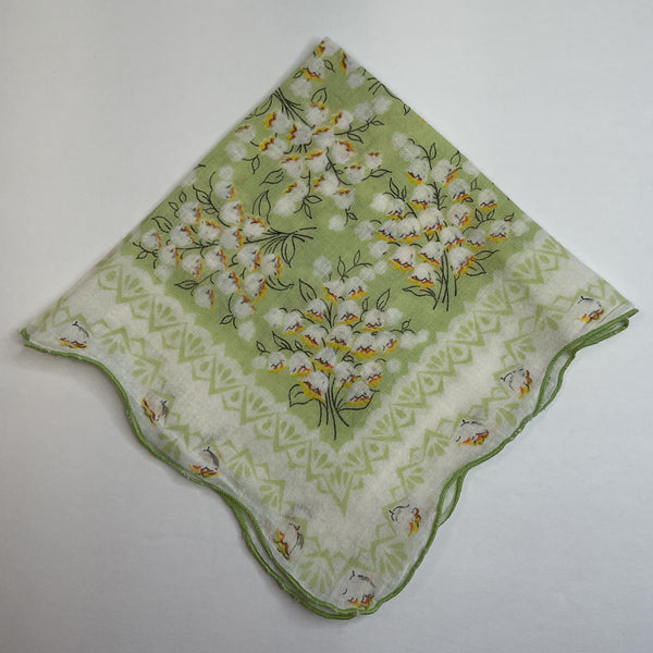 Vintage Lily of the Valley Green and Yellow Floral Scalloped Border Handkerchief