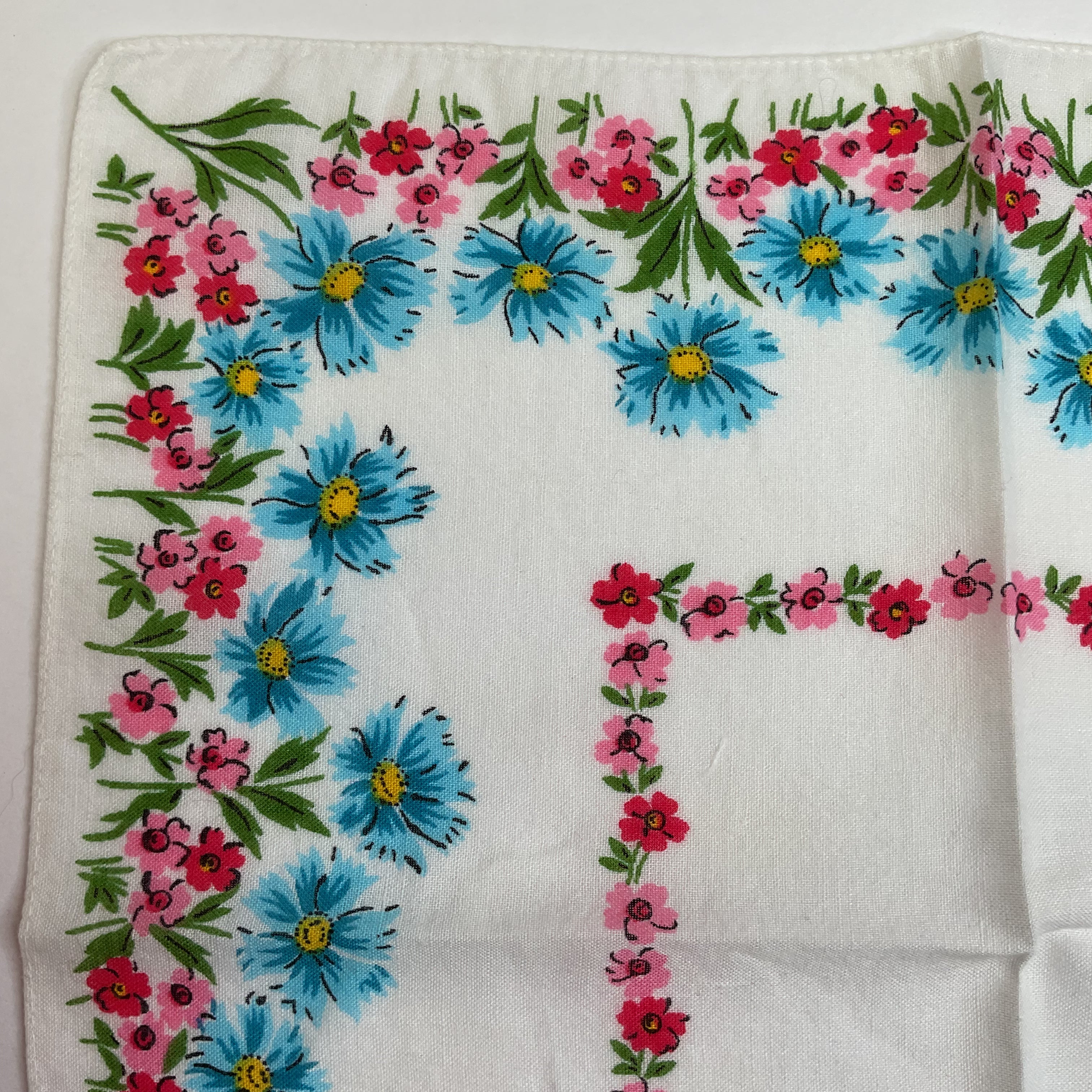 Vintage Hankie Blue Pink Red Floral Handkerchief
