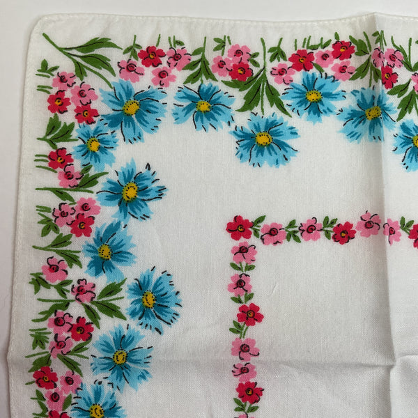 Vintage Hankie Blue Pink Red Floral Handkerchief