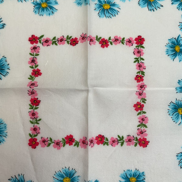 Vintage Hankie Blue Pink Red Floral Handkerchief