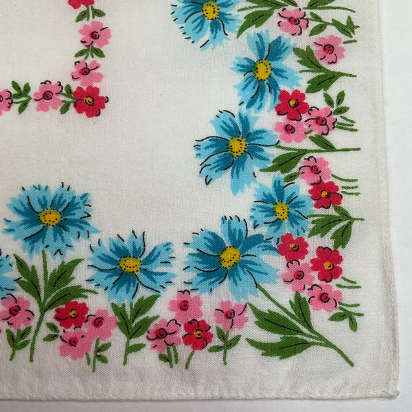 Vintage Hankie Blue Pink Red Floral Handkerchief