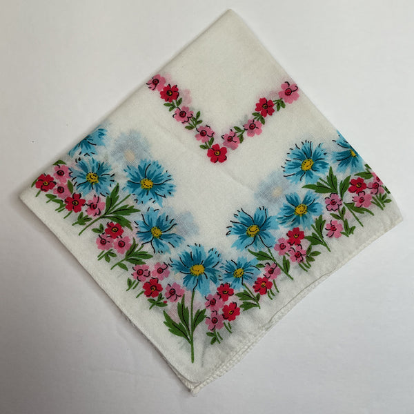 Vintage Hankie Blue Pink Red Floral Handkerchief