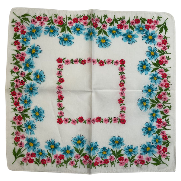 Vintage Hankie Blue Pink Red Floral Handkerchief