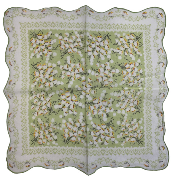 Vintage Lily of the Valley Green and Yellow Floral Scalloped Border Handkerchief