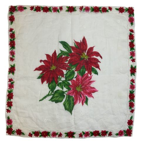Vintage Christmas Hankie Red Pink Poinsettia Border Ladies Handkerchief
