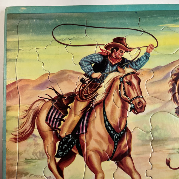 Vintage 1950s Inlaid Puzzle Western Cowboys Bronco Built Rite