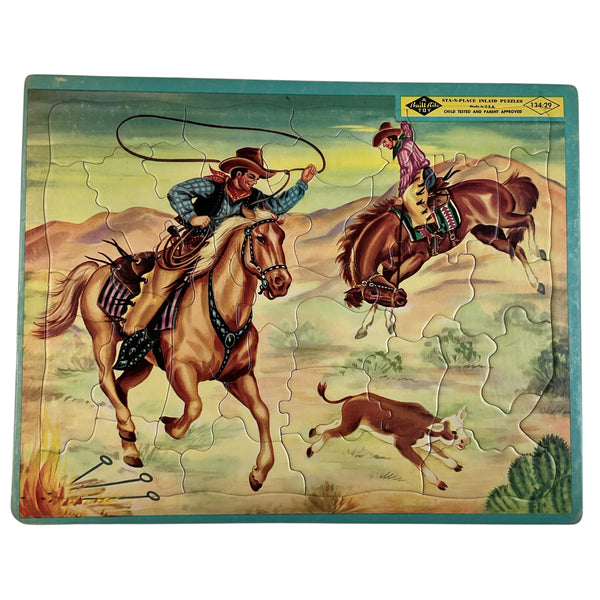 Vintage 1950s Inlaid Puzzle Western Cowboys Bronco Built Rite