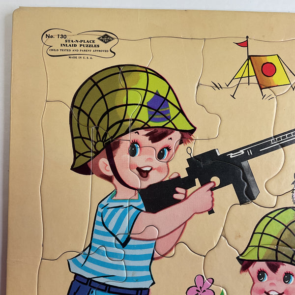 Vintage 1960s Built Rite Inlaid Puzzle 130 Boys Playing Army