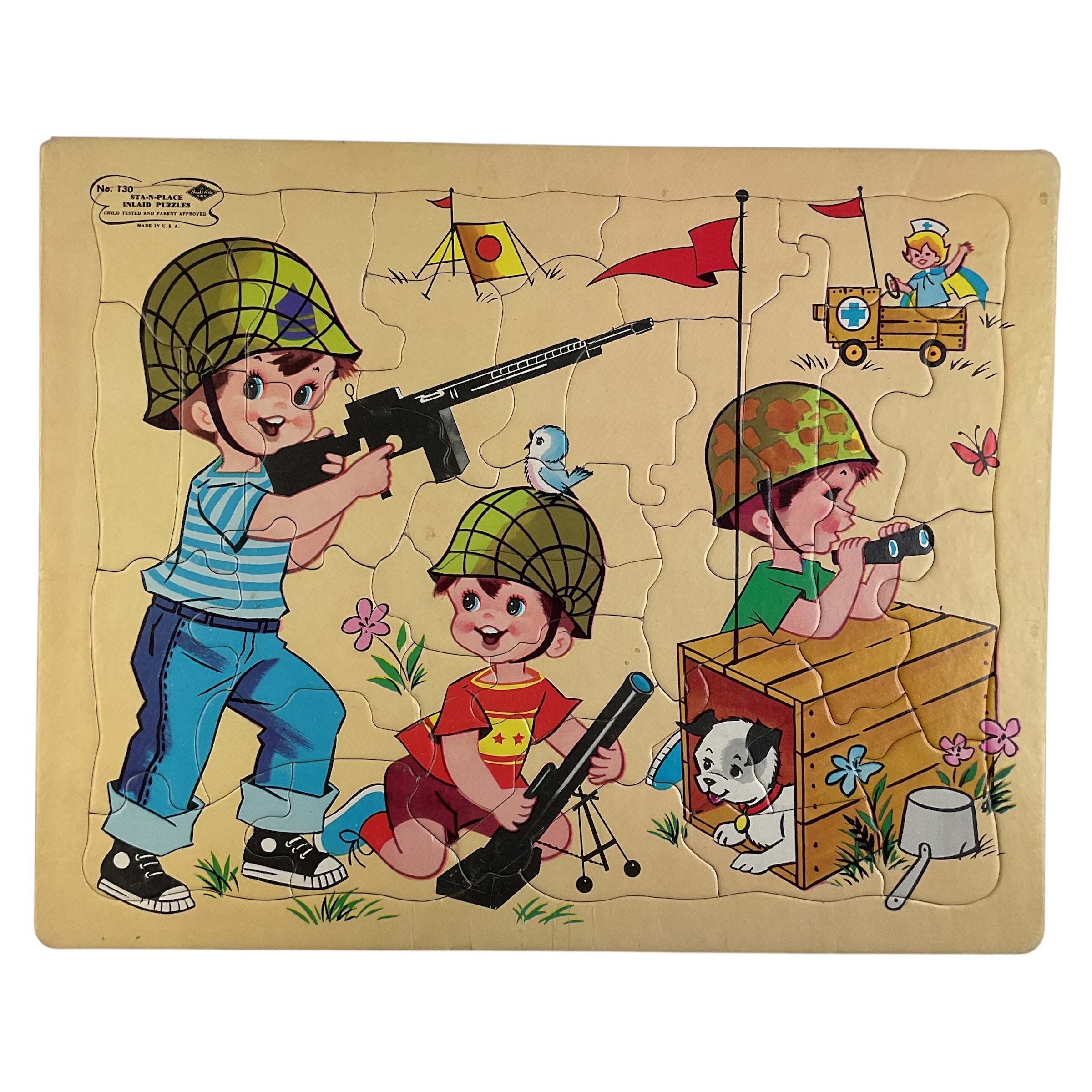 Vintage 1960s Built Rite Inlaid Puzzle 130 Boys Playing Army