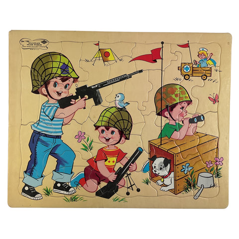 Vintage 1960s Built Rite Inlaid Puzzle 130 Boys Playing Army