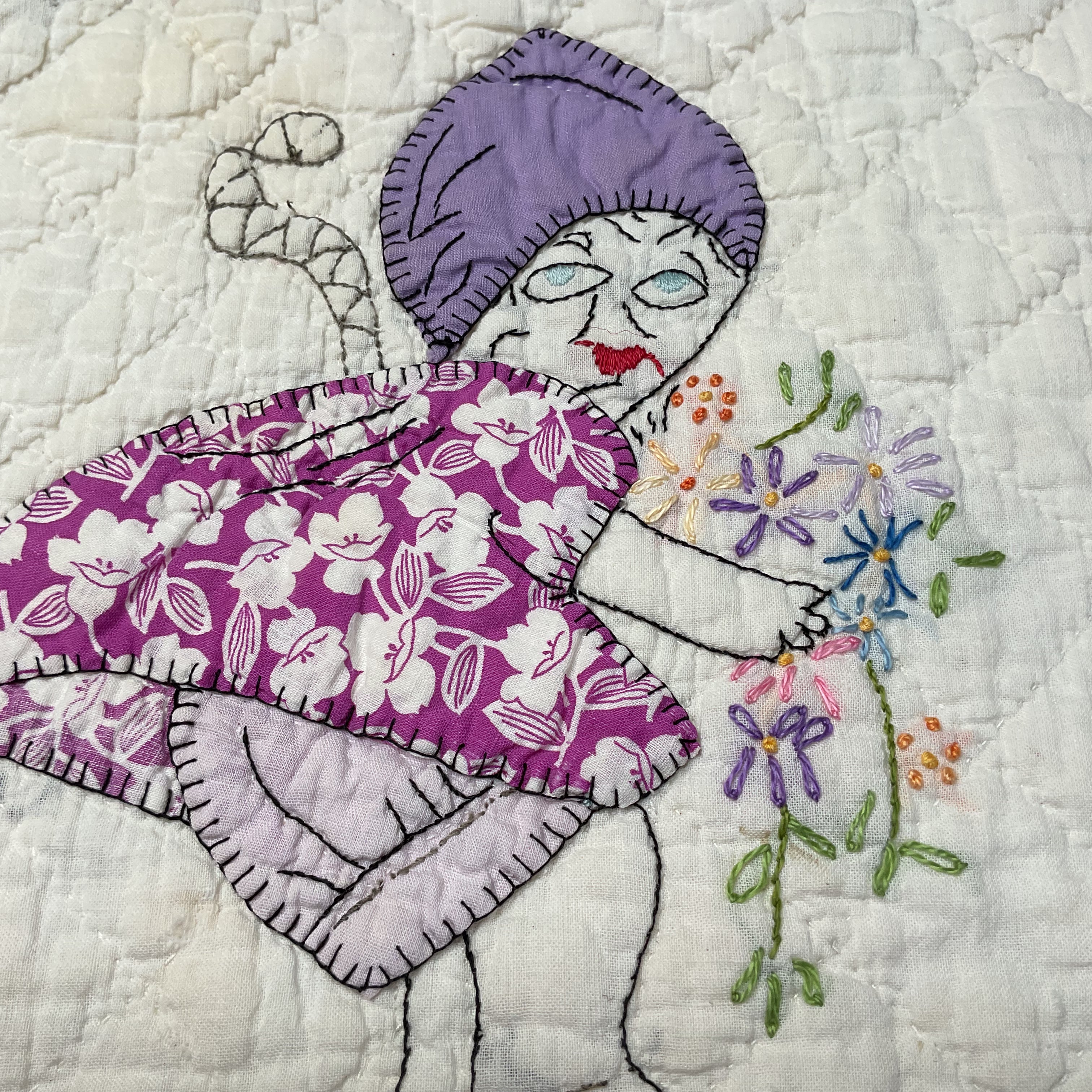 Vintage Embroidered Quilt Block Little Dutch Girl or Brownie Girl Purple 10 1/2 x 11