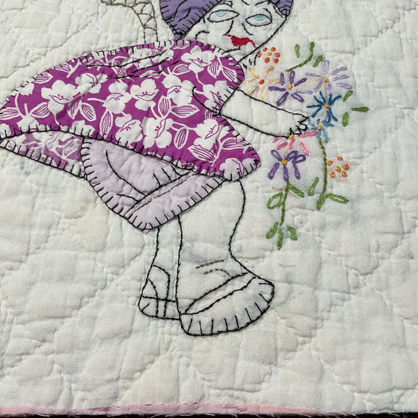 Vintage Embroidered Quilt Block Little Dutch Girl or Brownie Girl Purple 10 1/2 x 11