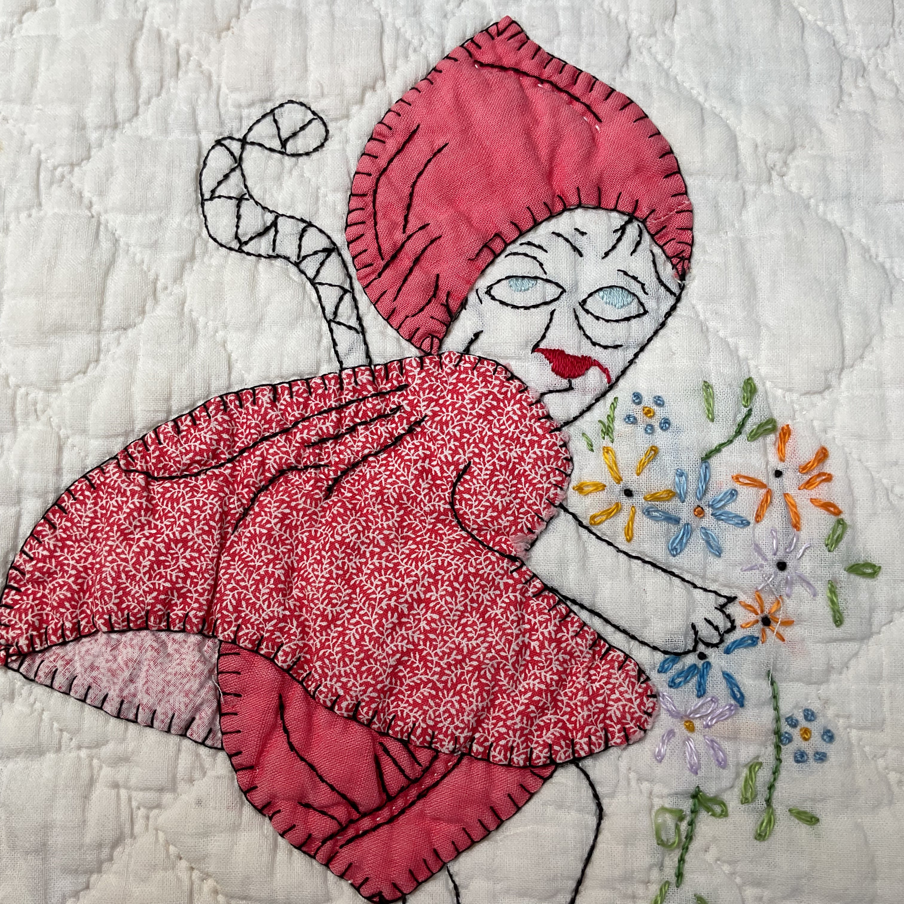 Vintage Embroidered Quilt Block Little Dutch Girl or Brownie Girl Red 10 1/2 x 11