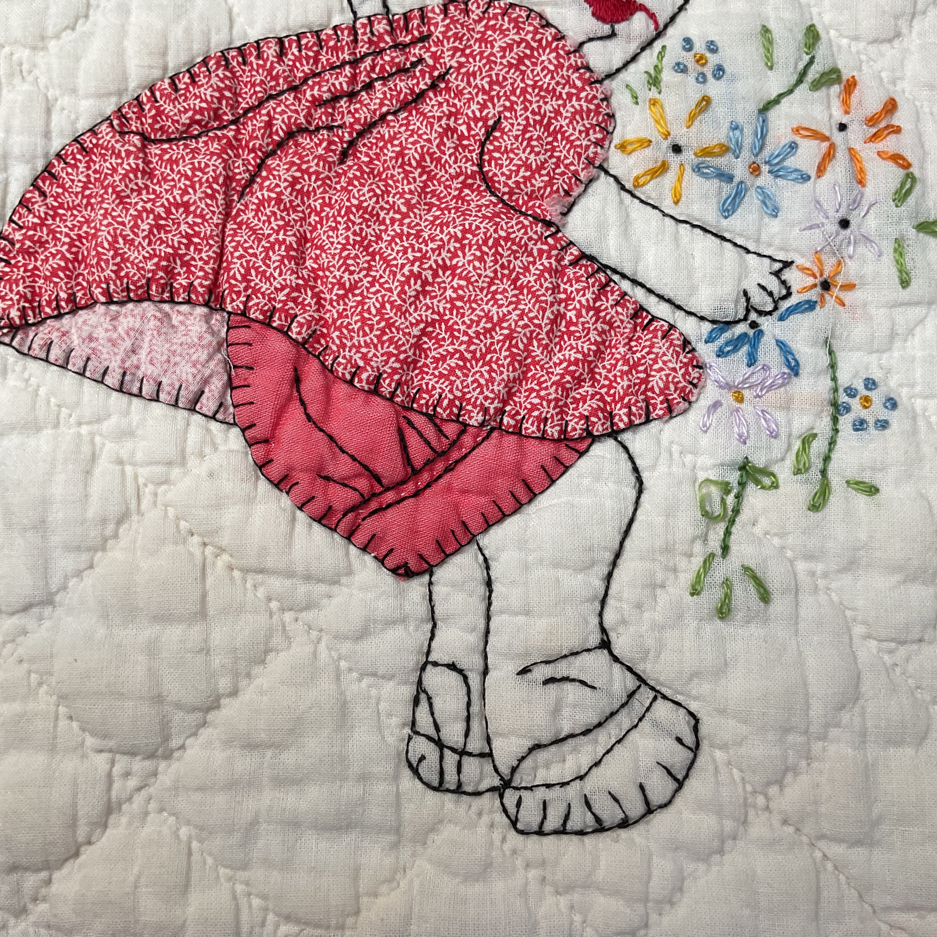 Vintage Embroidered Quilt Block Little Dutch Girl or Brownie Girl Red 10 1/2 x 11