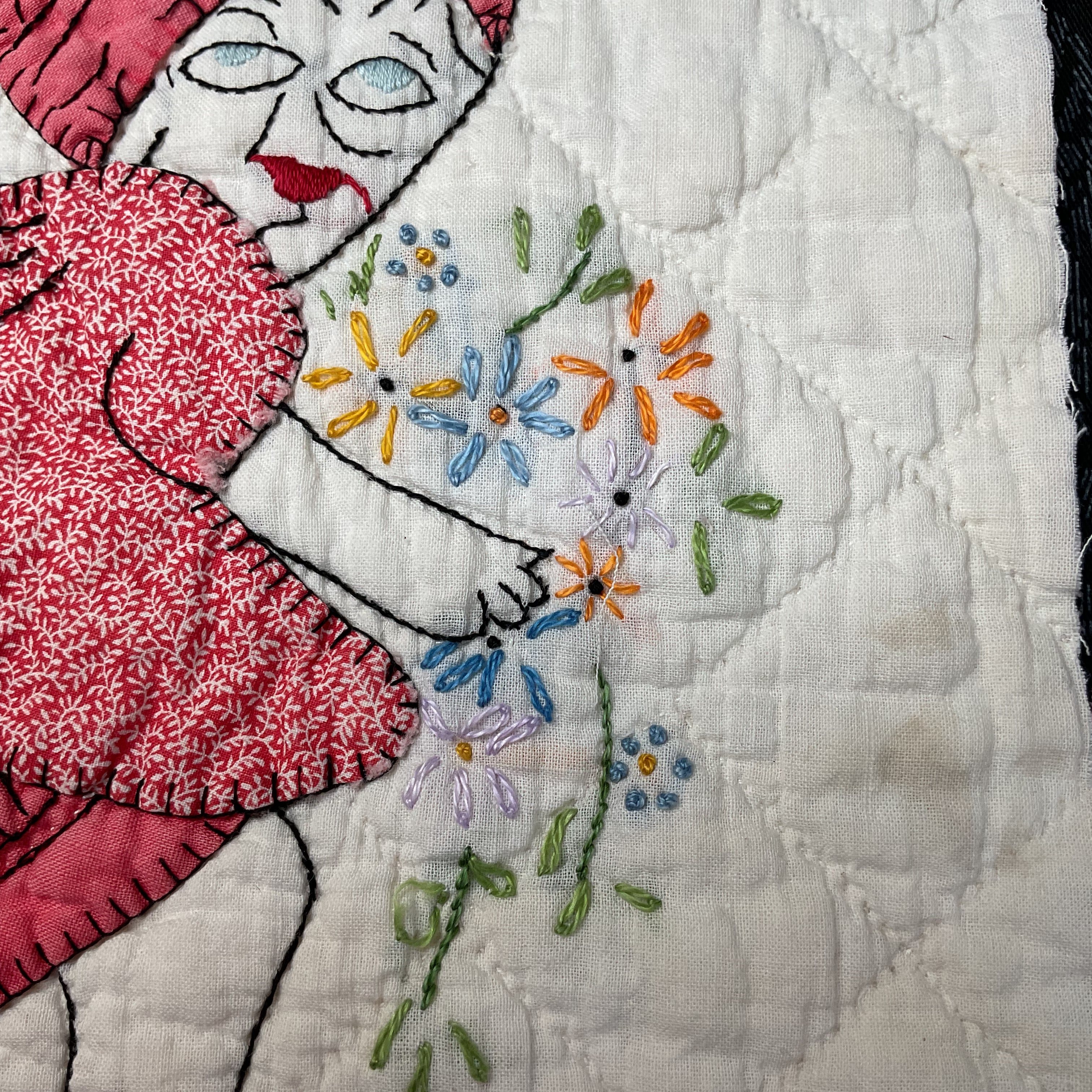 Vintage Embroidered Quilt Block Little Dutch Girl or Brownie Girl Red 10 1/2 x 11