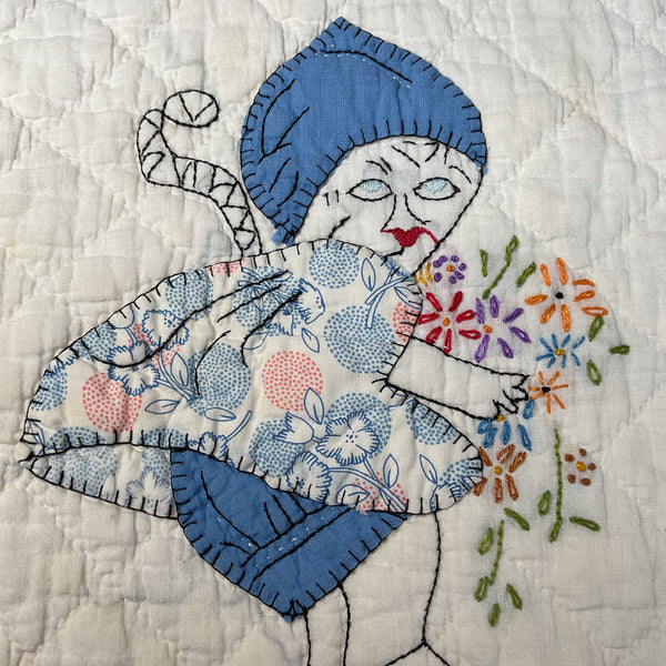 Vintage Embroidered Quilt Block Little Dutch Girl or Brownie Girl Blue 10 1/2 x 11