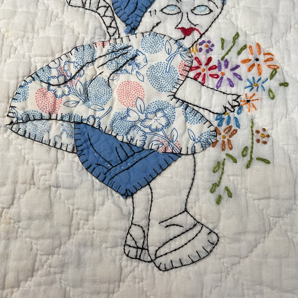 Vintage Embroidered Quilt Block Little Dutch Girl or Brownie Girl Blue 10 1/2 x 11