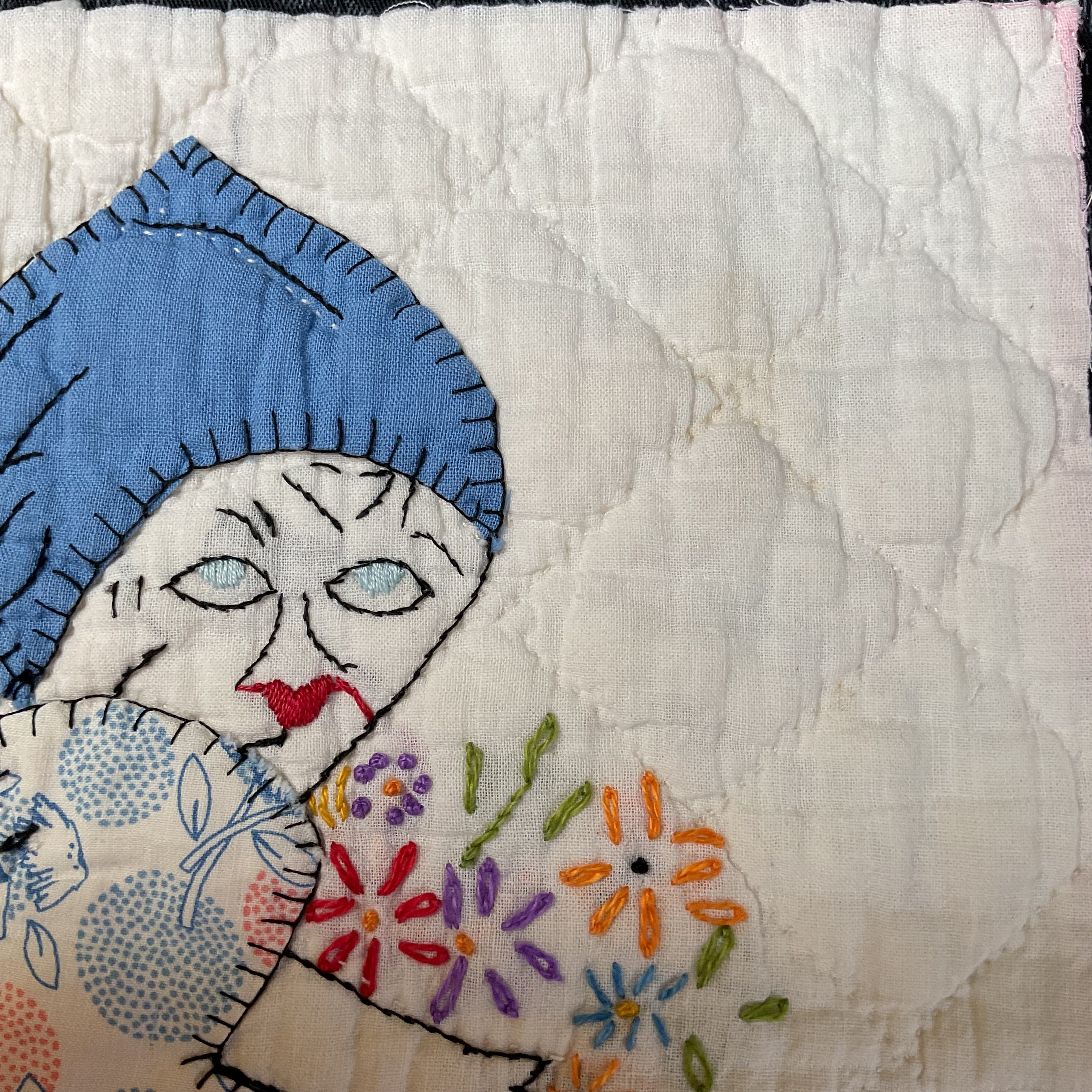 Vintage Embroidered Quilt Block Little Dutch Girl or Brownie Girl Blue 10 1/2 x 11