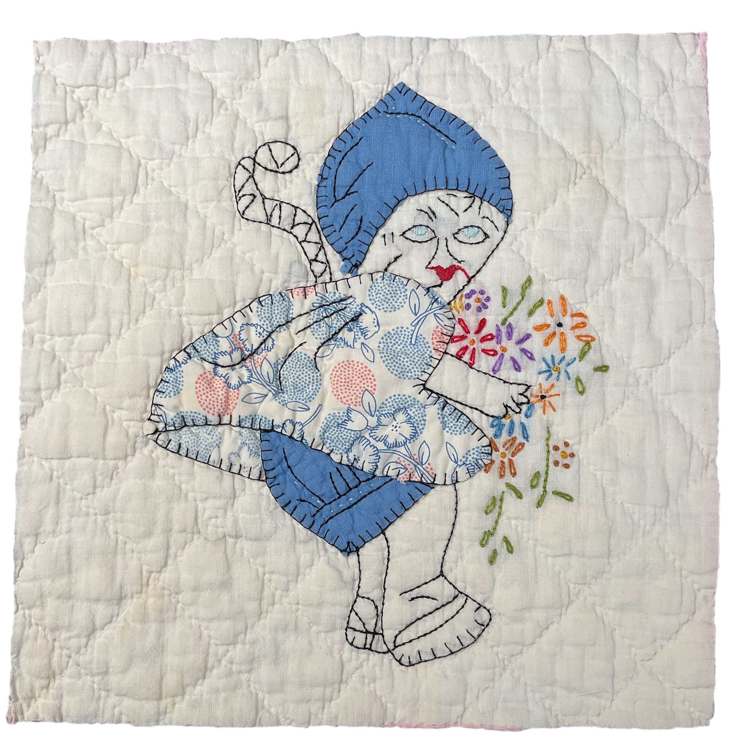 Vintage Embroidered Quilt Block Little Dutch Girl or Brownie Girl Blue 10 1/2 x 11
