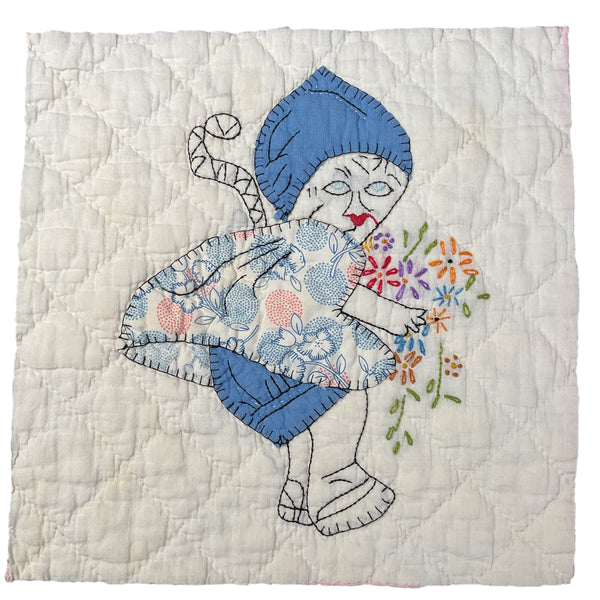 Vintage Embroidered Quilt Block Little Dutch Girl or Brownie Girl Blue 10 1/2 x 11
