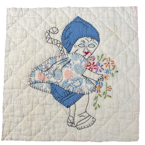 Vintage Embroidered Quilt Block Little Dutch Girl or Brownie Girl Blue 10 1/2 x 11
