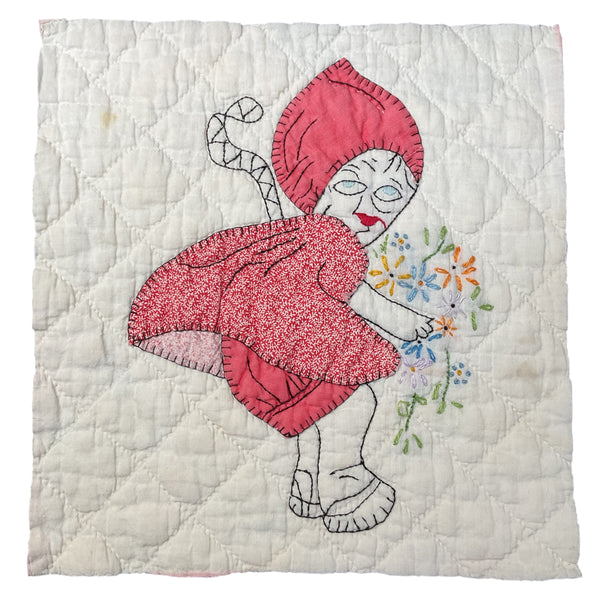 Vintage Embroidered Quilt Block Little Dutch Girl or Brownie Girl Red 10 1/2 x 11