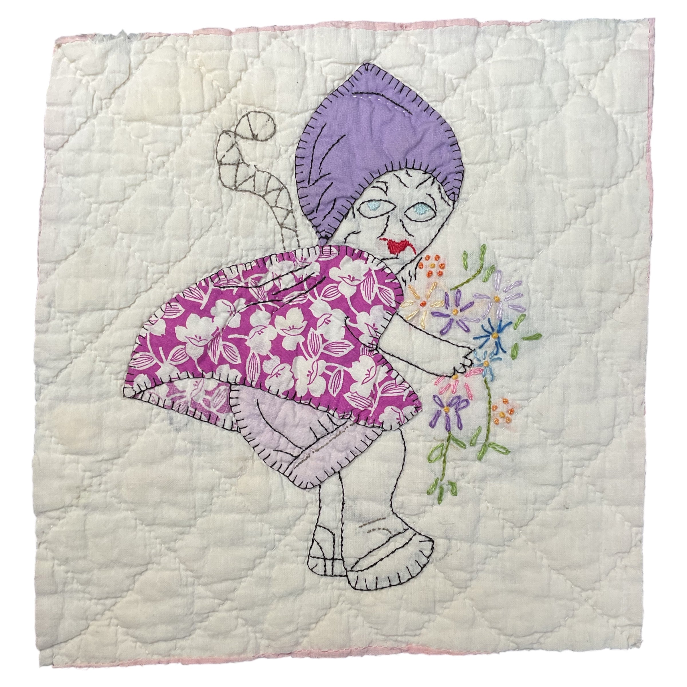 Vintage Embroidered Quilt Block Little Dutch Girl or Brownie Girl Purple 10 1/2 x 11