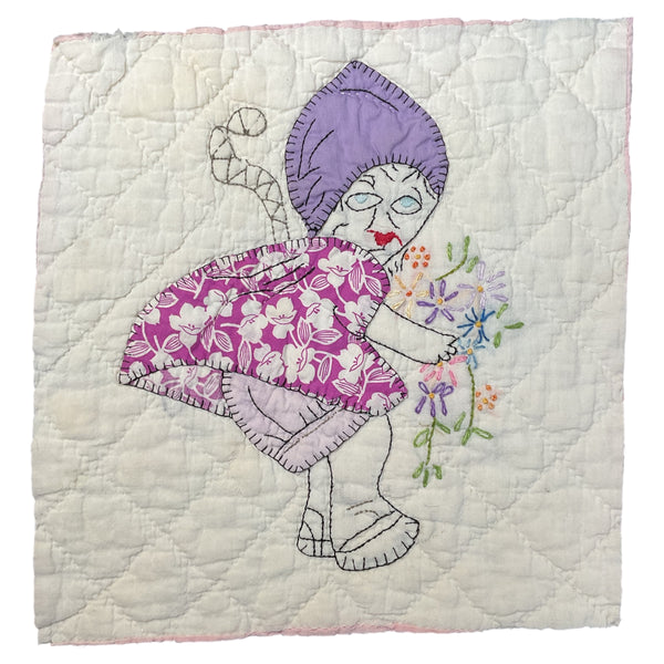 Vintage Embroidered Quilt Block Little Dutch Girl or Brownie Girl Purple 10 1/2 x 11