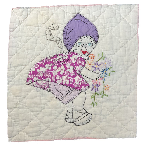 Vintage Embroidered Quilt Block Little Dutch Girl or Brownie Girl Purple 10 1/2 x 11
