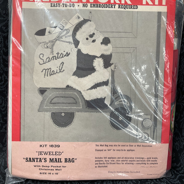 Vintage 1960s Bucilla Christmas Needlework Kit 1839 Santa’s Mail Bag Jeweled