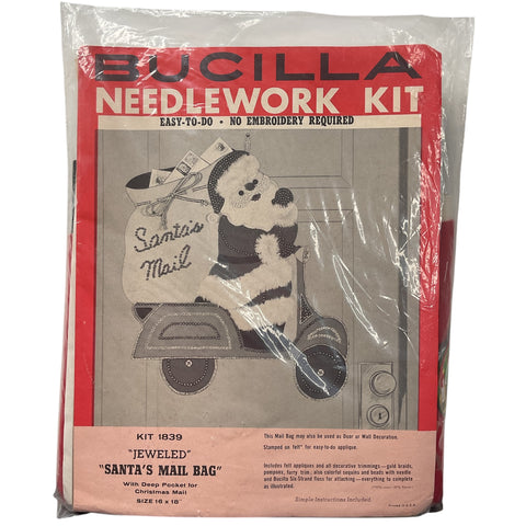Vintage 1960s Bucilla Christmas Needlework Kit 1839 Santa’s Mail Bag Jeweled