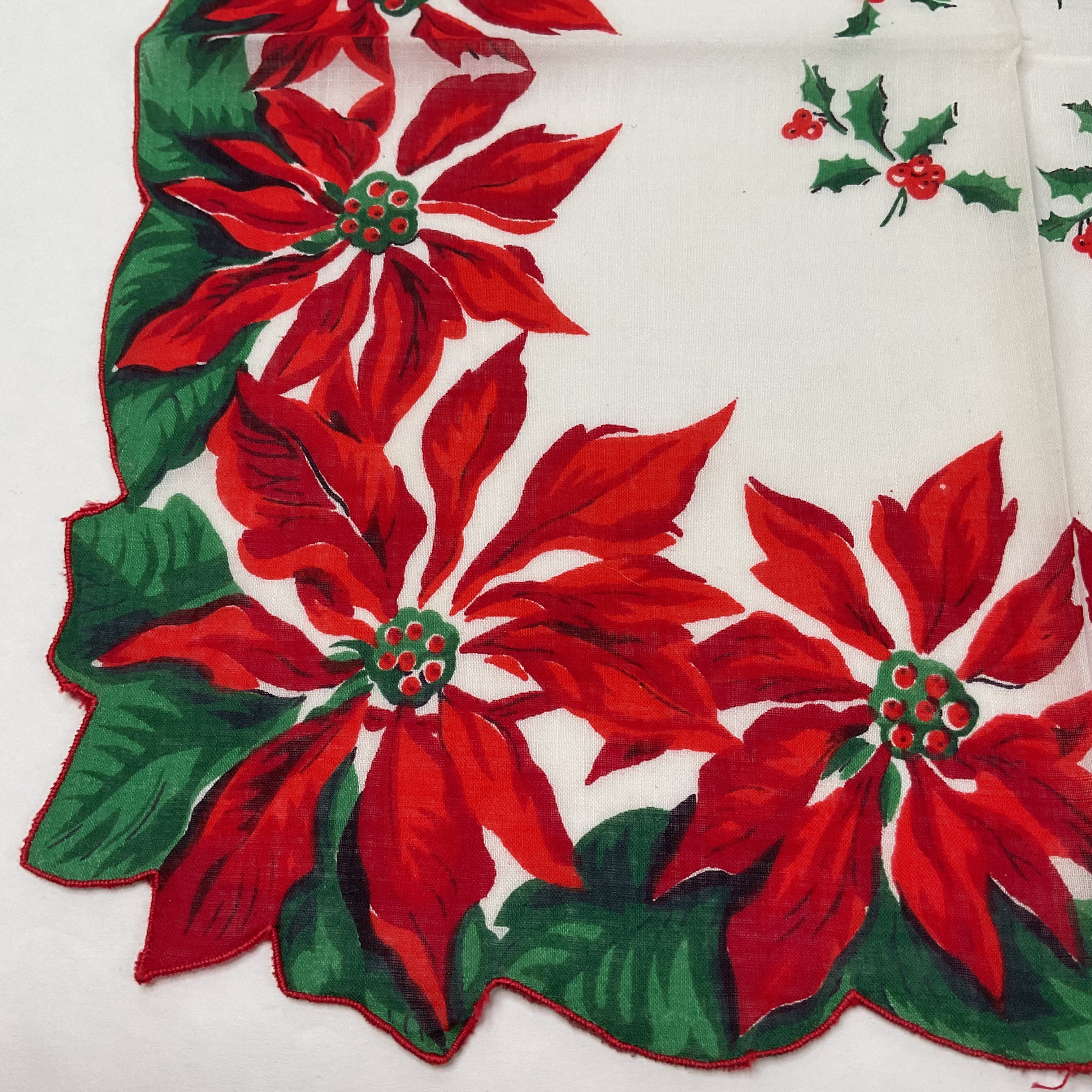 Vintage Ladies Christmas Handkerchief Red Poinsettias Scallop Edge Hankie