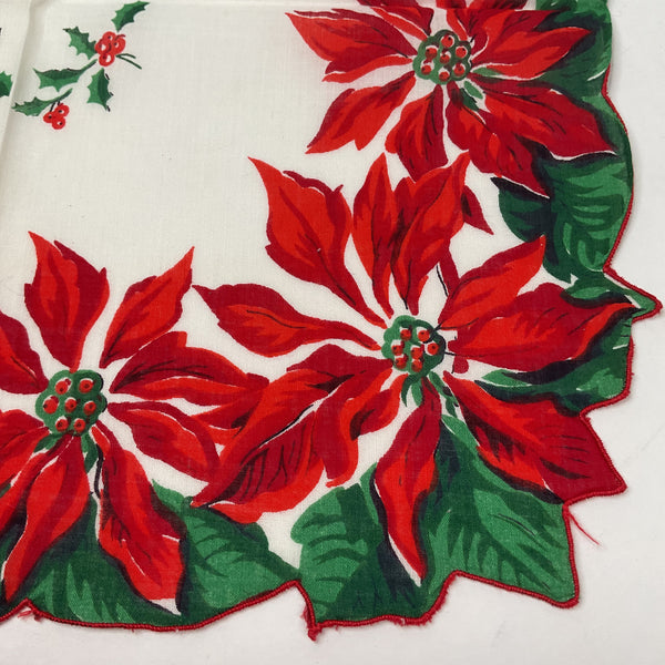 Vintage Ladies Christmas Handkerchief Red Poinsettias Scallop Edge Hankie