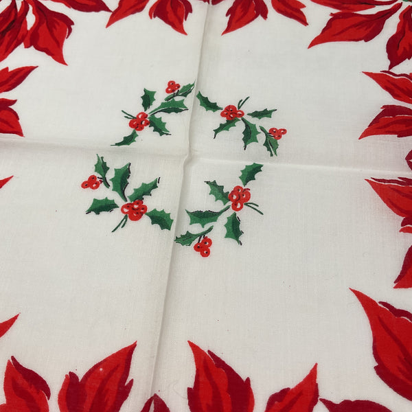 Vintage Ladies Christmas Handkerchief Red Poinsettias Scallop Edge Hankie