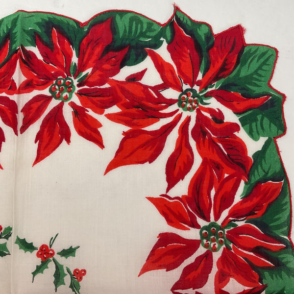Vintage Ladies Christmas Handkerchief Red Poinsettias Scallop Edge Hankie