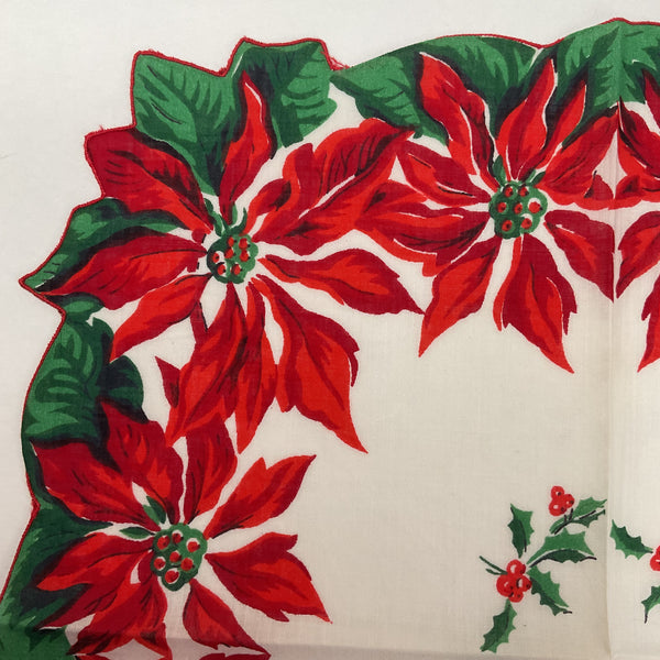 Vintage Ladies Christmas Handkerchief Red Poinsettias Scallop Edge Hankie